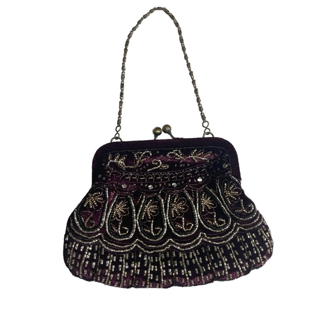 Per Una Vintage Purple Velour Beaded Bohemian Evening Bag